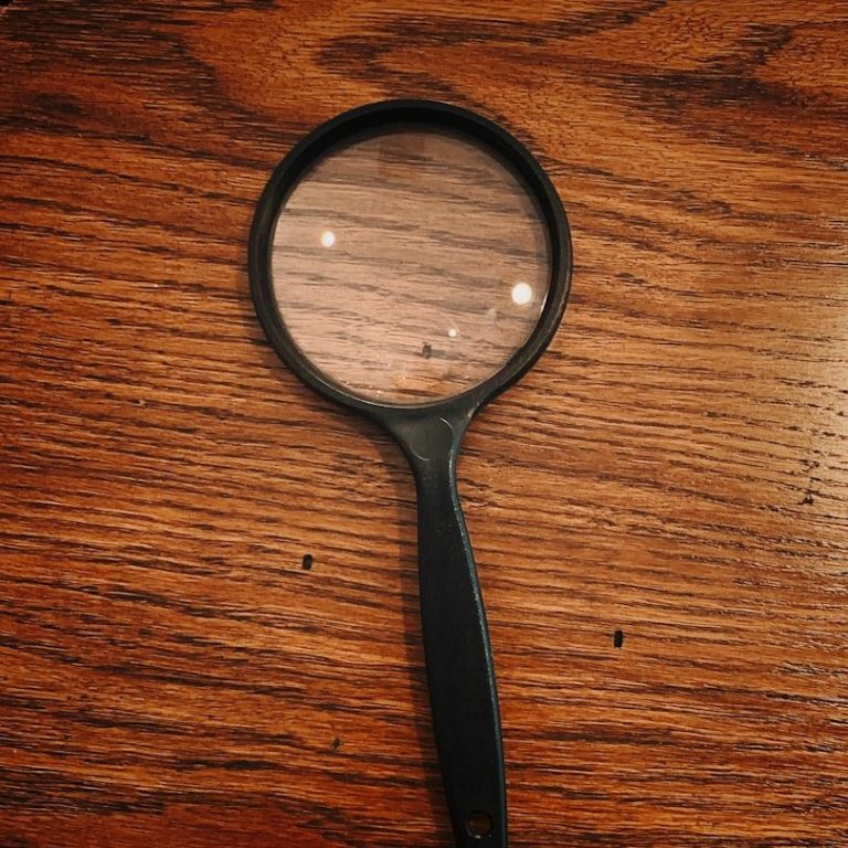 Qualitätskontrolle Eine schwarze Lupe auf einem Holzuntergrund.